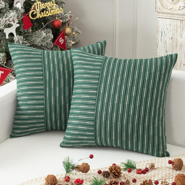 Kevin Textile Dark Green and Beige Farmhouse Striped Patchwork Linen Decorative Throw