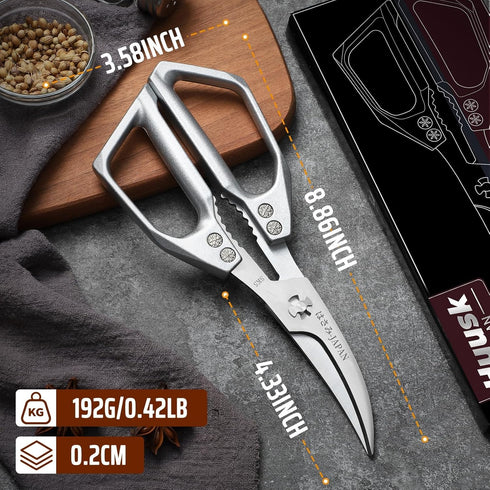 Huusk Seafood Scissors Silver - Stainless Steel Kitchen Shears Dishwasher Safe, Sharp Japanese-Style Kitchen Scissor