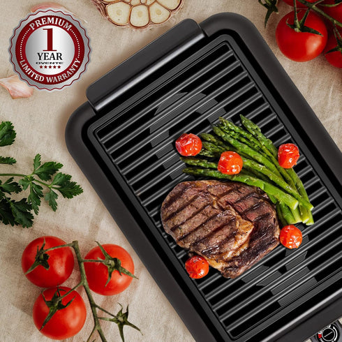 OVENTE Electric Indoor Grill, 15 x 10 Inch Non-Stick Cooking Surface, 1200W Fast Heat Up Power, Black