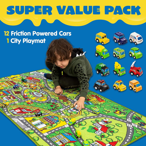 12 Set 3+, JOYIN Carpet Playmat w/ Cars Pull-Back Vehicle for Kids Age Jumbo Play Room Rug, City Pretending Play