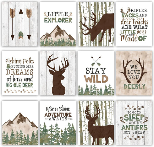 6 Hadley Designs Woodland Nursery Wall Decor - Reversible Unframed Baby Boy Nursery Decor, Hunting Decors for Boys