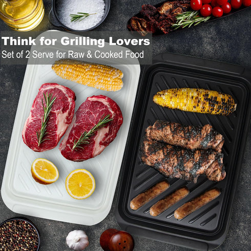 Grilling Prep and Serve Trays, Set of 2 BBQ Trays for Raw and Cooked Food, Black and White