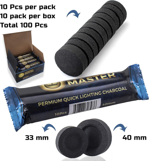 Quick Light Charcoal Tablets for Incense, 33mm Capsules, Set of 100 Charcoal Disks per Box