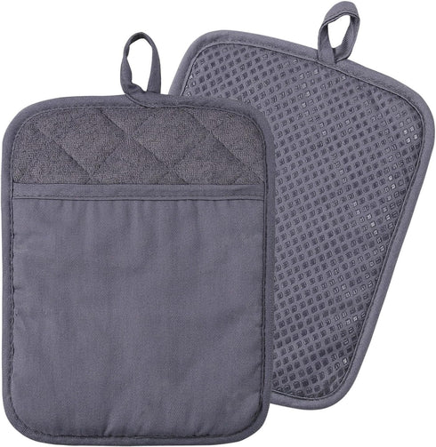100% Cotton with Silicone Kitchen Pot Holder - Heat Resistant Coaster Potholder Oven Mitts Set of 2, Grey