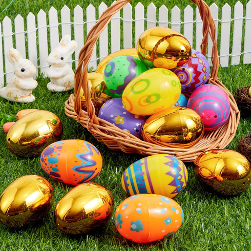36 3.15" 8 JOYIN Pcs Colorful Printed Eggs Include Golden, Plastic Fillable Empty Eggs for Easter Hunt, Basket Stuffer