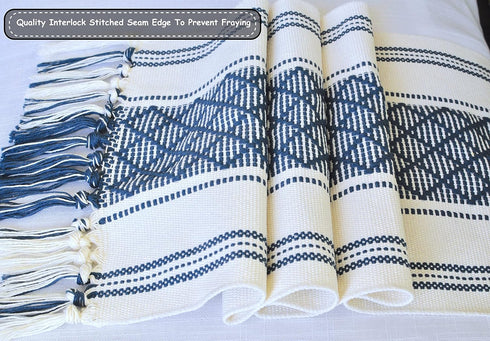 14 72 Inches, Boho Table Runner with Tassel x Blue & Cream, Woven Washable Dresser Scarf and Topper for Bedroom