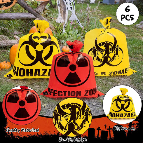 CNhoqc 6Pcs Halloween Lawn Trash Bags - Zombie Warning Reusable Waste Bags with Twist Ties, Fallen Leaf Grass Clipping