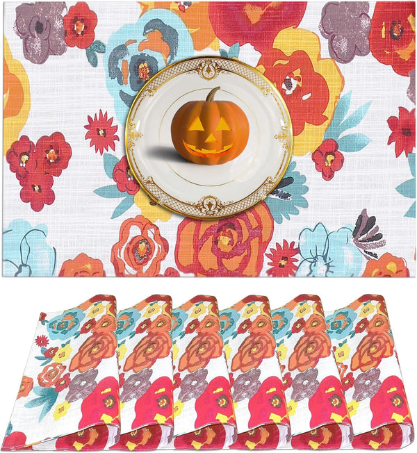 Ruvanti Placemats Set of 6, 100% Cotton 13x19 Inch, Modern Dining Table Decor, Kitchen & Table Linens, Multi Flower