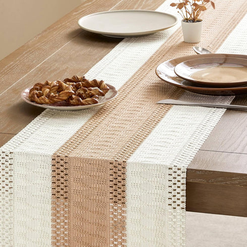 14 108 Inch 108 Inches ZeeMart Macrame Style Bicolor Stitching Table Runner, x Beige/Ivory, Boho Light Tan Table