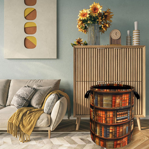 SELIONLIKN 18.9"x16.5" Retro Wooden Bookshelf Pattern Laundry Hamper Books Laundry Basket With Handles Foldable Oxford