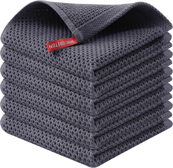 Kitinjoy 100% Cotton Kitchen Dish Cloths, 6 Pack Waffle Weave Ultra Soft Quick Drying Towels, Dark Grey