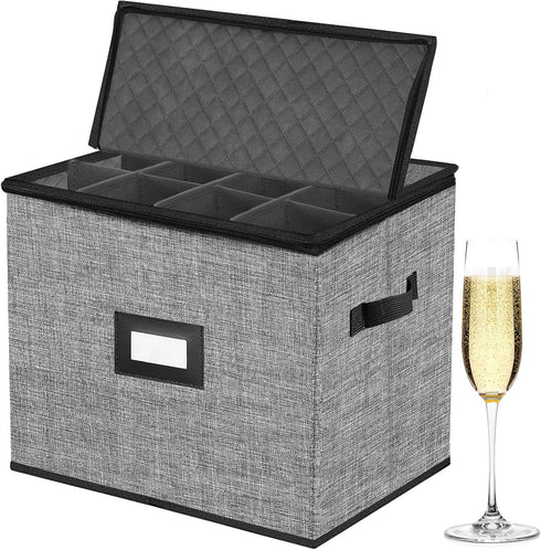 Champagne Flute Storage Box, Quilted Hard Shell Container for Wine Glasses, Stackable, Grey