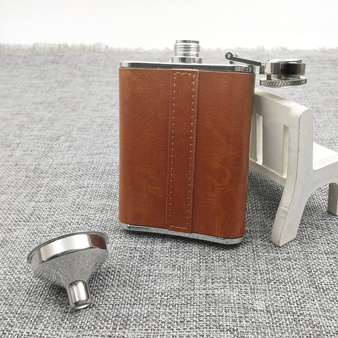 3oz Brown Red Leather Wrapped Hip Flask with Funnel, 18/8 Stainless Steel (YM102)