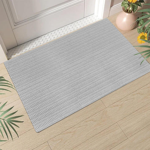 Small Door Mat Front Porch Rug, Washable 2'x3' White Gray Striped Cotton Rug for Bathroom Kitchen Laundry Room Indoor