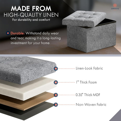 12 16 12, Ornavo Home Small Storage Ottoman Foldable Collapsible Rectangle Linen Ottoman Foot Rest Stool Seat