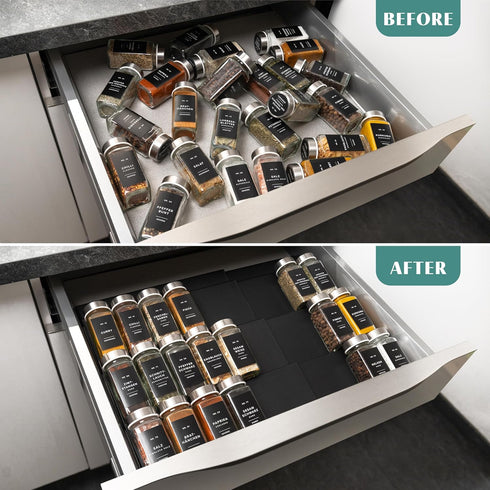Plastic Spice Drawer Organizer, Expandable Rack for Drawer, Black Seasoning Organizer for Cabinet (Jars Not Included)
