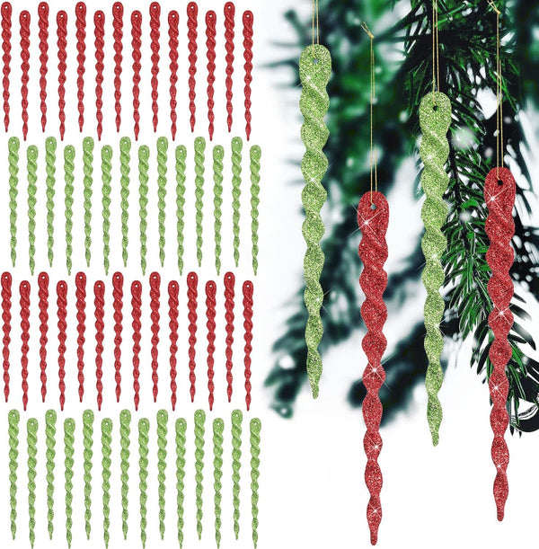 60 Pieces Twisted Icicle Ornament, Christmas Tree Decoration Glitter Spiral Strip Hangings, 5.1 Inch