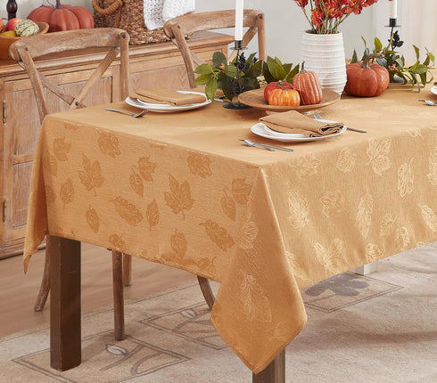 60 144 Inch, Newbridge Gold Tremont Leaf Damask Rectangle Fabric Spring Lodge Tablecloth, x Elegant Holiday Swirling