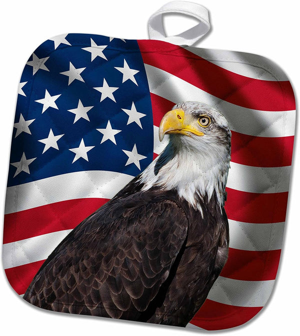 3D Rose American Flag USA Bald Eagle - Patriotic Stars Stripes Pot Holder, 8 x 8