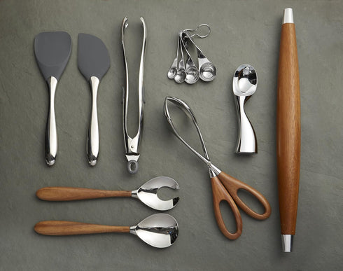 nambe Curvo Serving Fork, 13 Inch Stainless Steel and Acacia Wood, Designed by Steve Cozzolino