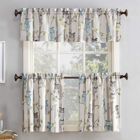 No. 918 Hoot Owl Print Kitchen Curtain Tier Pair, Semi-Sheer, 56" x 24", Mocha