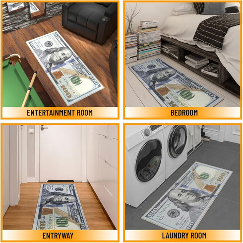 Ottomanson $100 Bill Money Rug, 22" x 53", Durable Non-Slip Area Rug for Bedroom, Office, Game Room