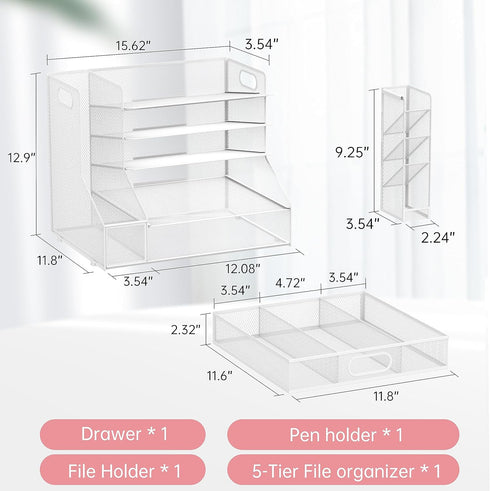 SUPEASY Desk Organizer with File Holder, 5-Tier Mesh Paper Letter Tray with Pen Holder and Drawer for Office Supplies