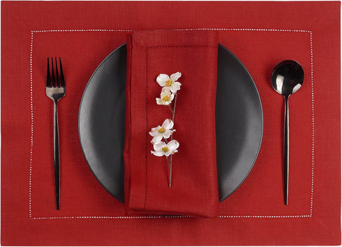 D'Moksha Homes Red Linen Placemats, Set of 4 Classic Hemstitch 14 x 19 Inch, 100% Pure Linen Table Mats
