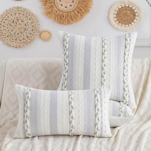 Set 2-18x18 Inch Grey Boho Striped Pillow Covers of Farmhouse Coastal Decorative Throw Pillows, Neutral Accent Textured