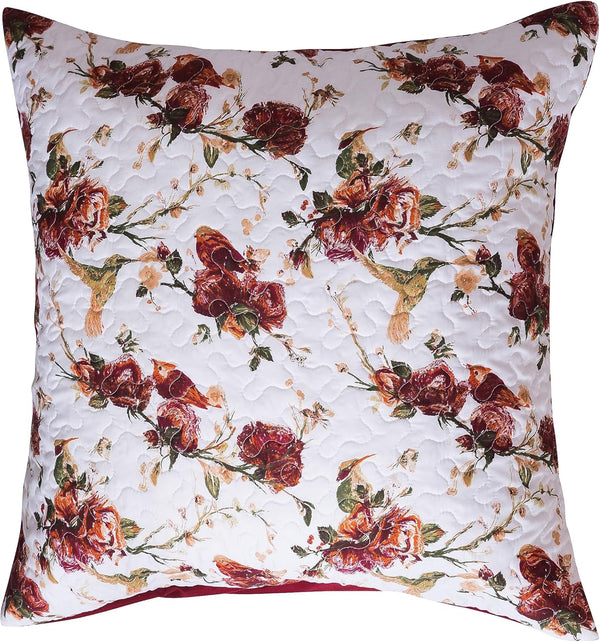 Tache Floral Red White Euro Sham, 26 inch Quilted 1pc Rose Garden Hummingbirds Microfiber Square Pillow Cover