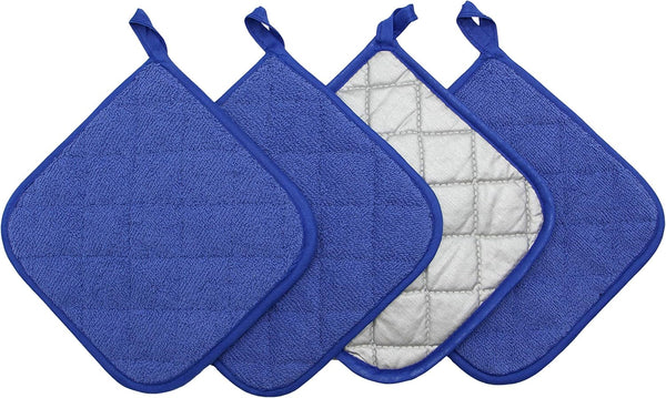 Cotton Pot Holders, Machine Washable Heat Resistant Everyday Kitchen Basic Terry Pot Holder Set of 4 (Dark Blue)