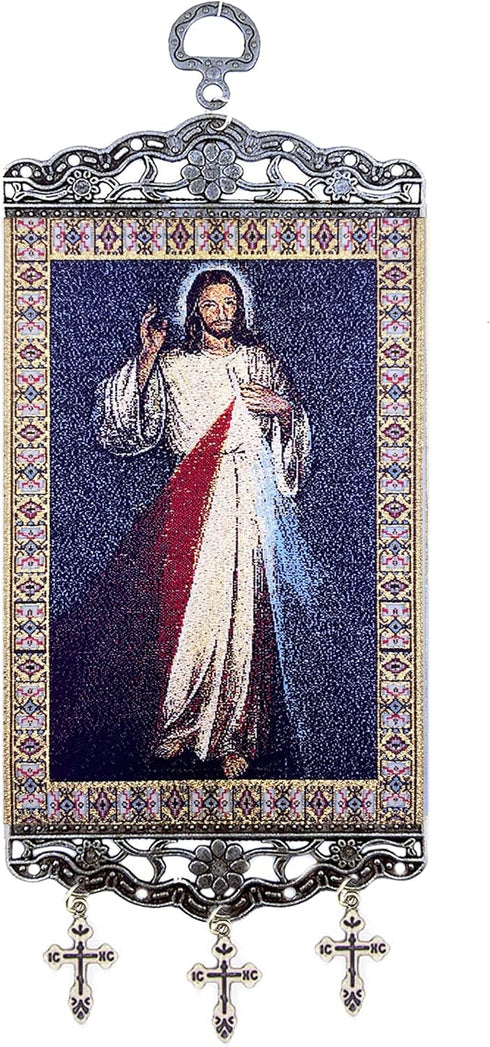 Religious Gifts The Divine Mercy Tapestry Icon Room Wall Decoration, 9 3/4 Inch with Crosses