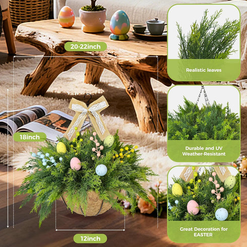 NSOPB Set 2 24 of Easter Artificial Hanging Plant Flower Baskets, Fake Planter Hanging with Pcs Cypress Leaves, Faux