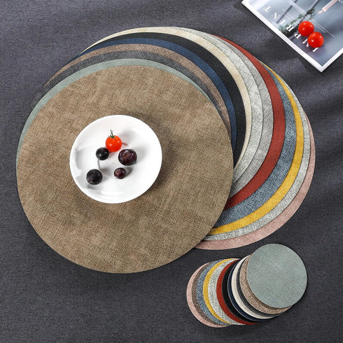 Set 4 Set 4) Myir JUN Round Placemats, Dual Sided Faux Leather Place Mats of Indoor/Outdoor Non-Slip Washable Table