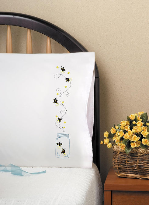 Tobin Stamped Pillowcases, Fireflies, 20" x 30" Embroidery Kit, White