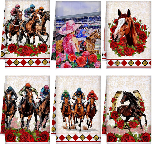 Geyoga 6 Pieces Derby Kitchen Towels Horse Racing Rose Dish Hand Towel Absorbent