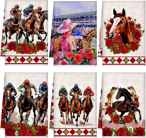 Geyoga 6 Pieces Derby Kitchen Towels Horse Racing Rose Dish Hand Towel Absorbent
