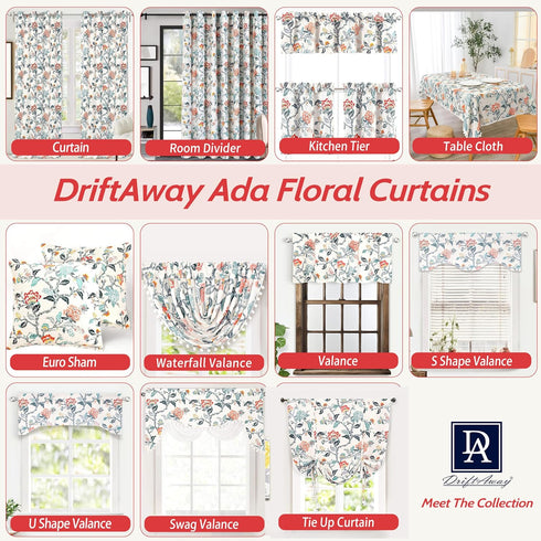 DriftAway Ada Botanical Print Lined Thermal Insulated Window Valance, 52 Inch by 18 Inch, Ivory Orange Teal