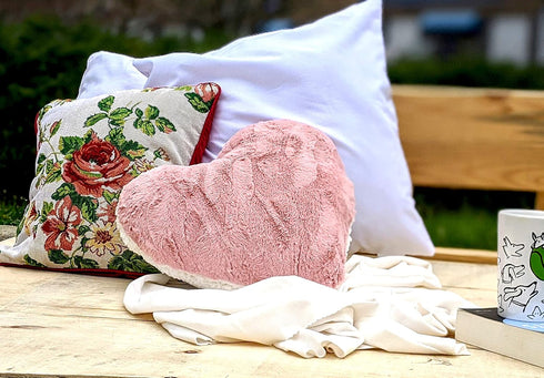 Tache Pink Heart Shaped Pillow - Faux Fur White Fleece, Super Soft Stuffed Light Blush Dusty Rose Pillow 16x14