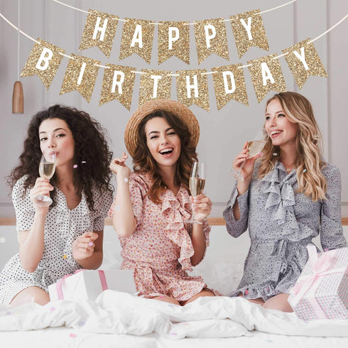 Pre-strung Happy Birthday Banner, Gold Glitter Birthday Party Banner, No DIY, 6 ft Strands
