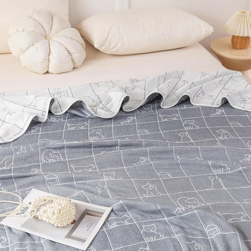 J-pinno 100% 6 70" 82") Kitty Cat in Grid Muslin Blanket Cotton Layer Quilt Bed Blanket Soft Warm Throw Sofa Couch Kids