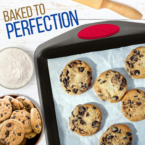 NutriChef 3-Piece Baking Pan Set, Premium Nonstick Carbon Steel Bakeware with Silicone Handles