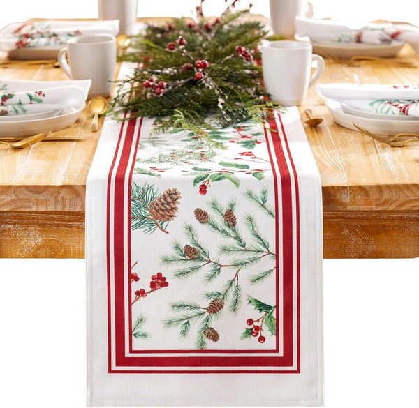 Elrene Home Fashions Winter Holiday Berry Fabric Bordered Table or Console Runner,