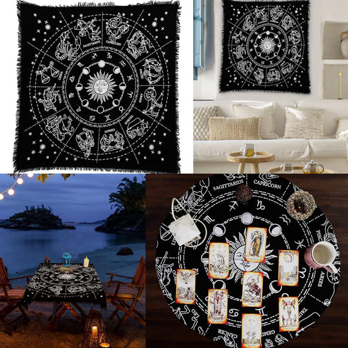 Indian Consigners Zodiac Altar Cloth for Witchcraft Tarot Spread, 36 by 36 Spiritual Square Cloth Galaxy (Zodiac Silver)