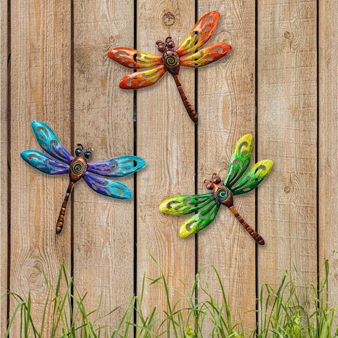 wotieuns 3 Set Metal Dragonfly Wall Decoration, Outdoor Art for Garden Fence, Living Room, and Porch