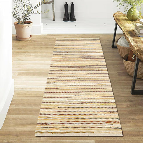 THE BEER VALLEY Cotton Rag Runner Rug, 2'x6' Beige Farmhouse Neutral Long Hallway Rugs for Kitchen Living Room