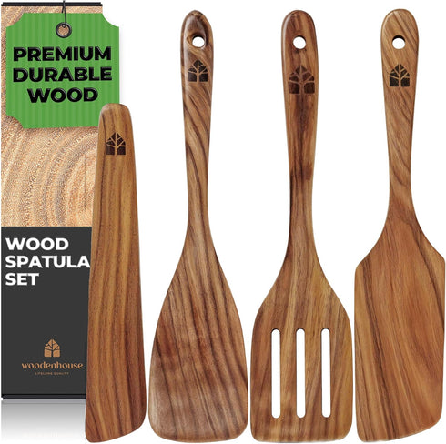 Wooden Spatula for Cooking - Teak Utensils Set of 4 including Paddle, Turner, Slotted Spurtle, and Scraper