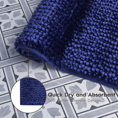 Laura Ashley Butter Chenille Bath Rug, Non Slip Shaggy Bathroom Mat for Tub and Sink - (20" x 34") Navy