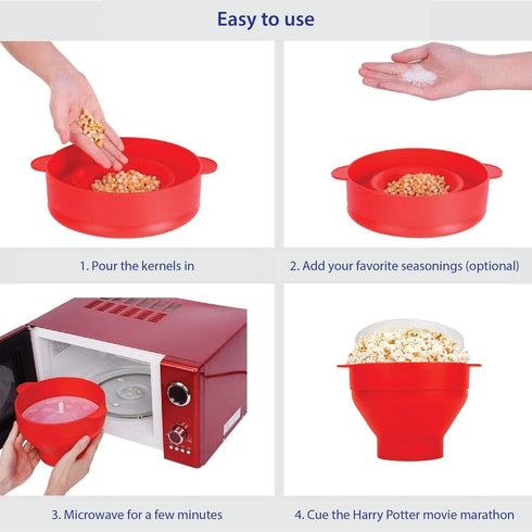 Microwave Popcorn Popper with Lids, Silicone, No Oil or Butter Required, Collapsible Bowls, BPA-Free Container, Red