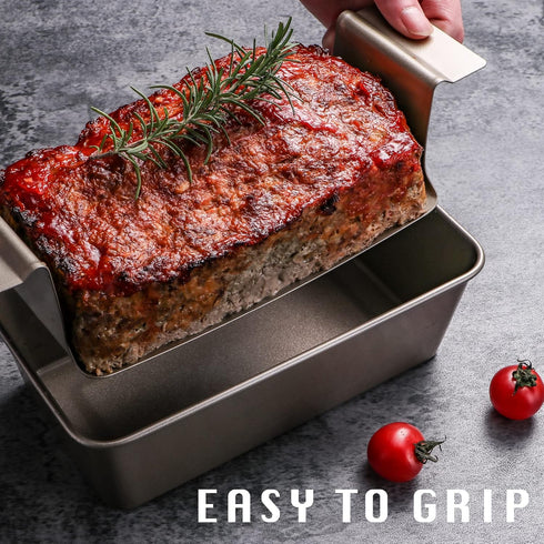 HONGBAKE Meatloaf Pan with Drain Tray, 9 x 5 Loaf Pans with Insert, Nonstick Meat Loaf for Baking, Reduce the Fat and Kick Up the Flavor, Champagne Gold